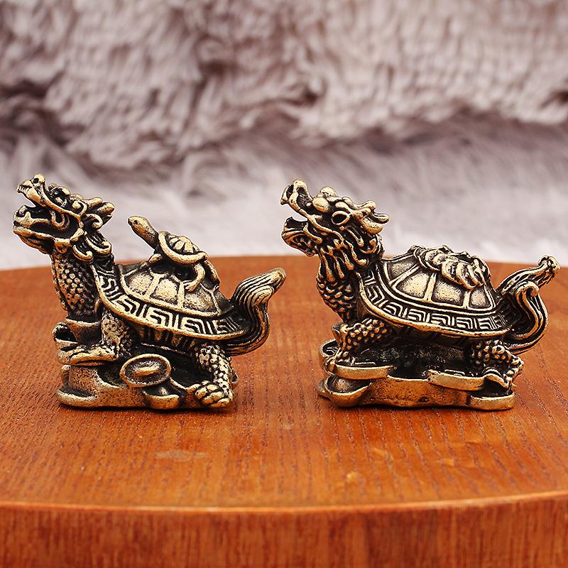 Dragon Turtle and Its Mother, Jade Turtle Figurine. Yellow Copper Turtle. Retro Copper Coin-shaped Turtle. Jade Turtle Coin Tea Table Handicraft.
