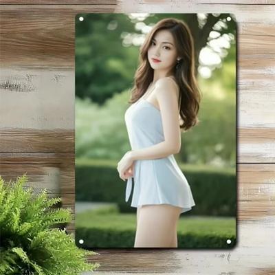 Metal Wall Art Sign: White Dress Woman 2D Poster for Home Cafe Bar Decor