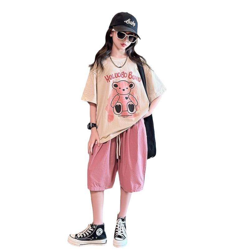 

Летняя одежда для девочек Детский комплект Спортивный костюм Подростковый спортивный костюм Принт букв Футболка с медведем Топы + Короткие шорты 130