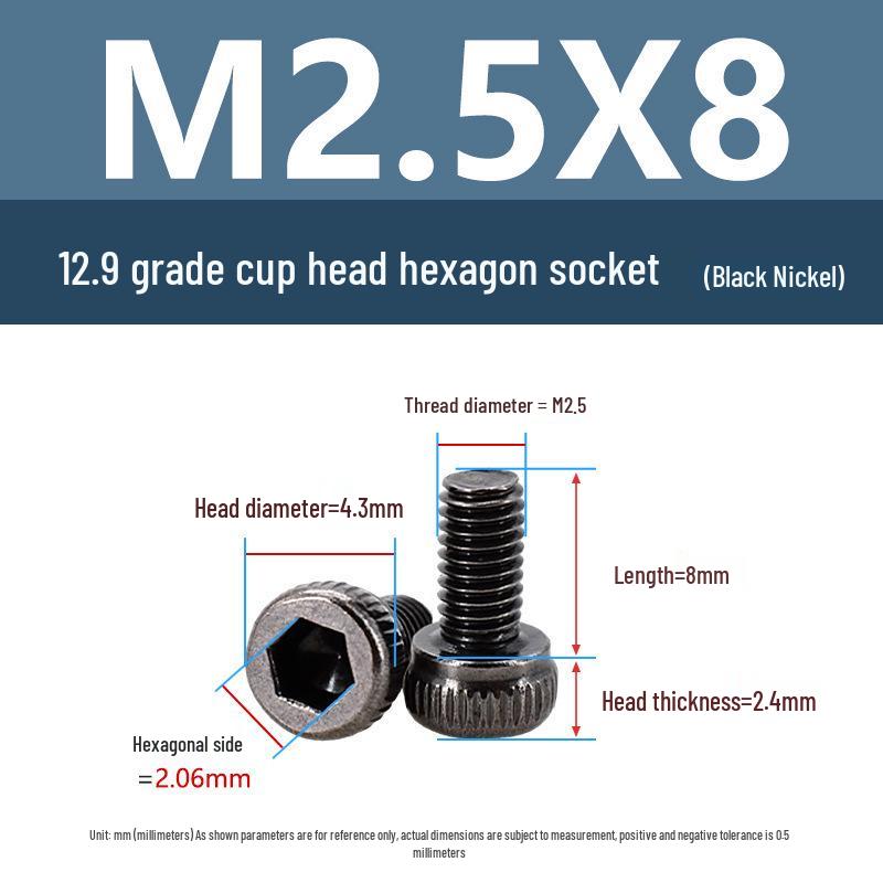 Yigu High-Strength Black Nickel Hex Socket Screw, M1.6-M4, Knurled Cup Head Bolt, 12.9 Grade.