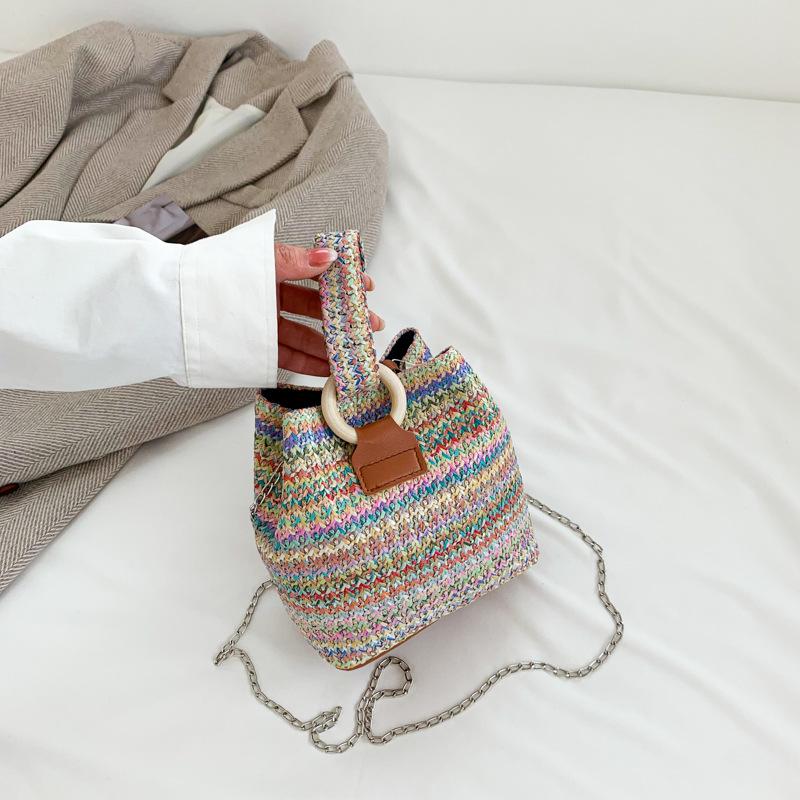 2025 spring new woven bucket bag chain bag casual armpit bag versatile straw woven shoulder oblique span bag