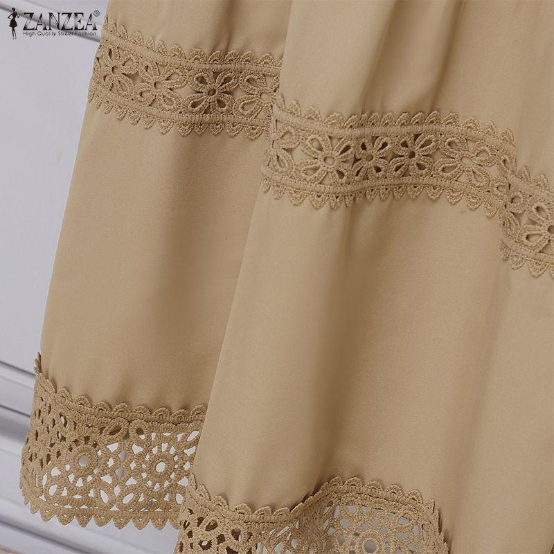 ZANZEA Women Casual Turn Down Collar Long Sleeve Elegant Lace Splice Long Dress