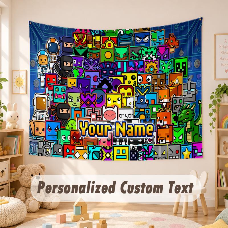 Custom Name Text Tapestry,Geometry Dash Boho Wall Hanging, Decorative Backdrop Tapestry For Room