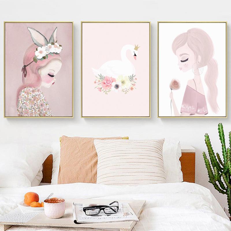 Nordisk Akvarell tegneserie Enhjørning Hjort Kanin Jente Lerretsmaleri Blomsterplakat Svaneveggbilder Barnerom Hjemdekorasjon