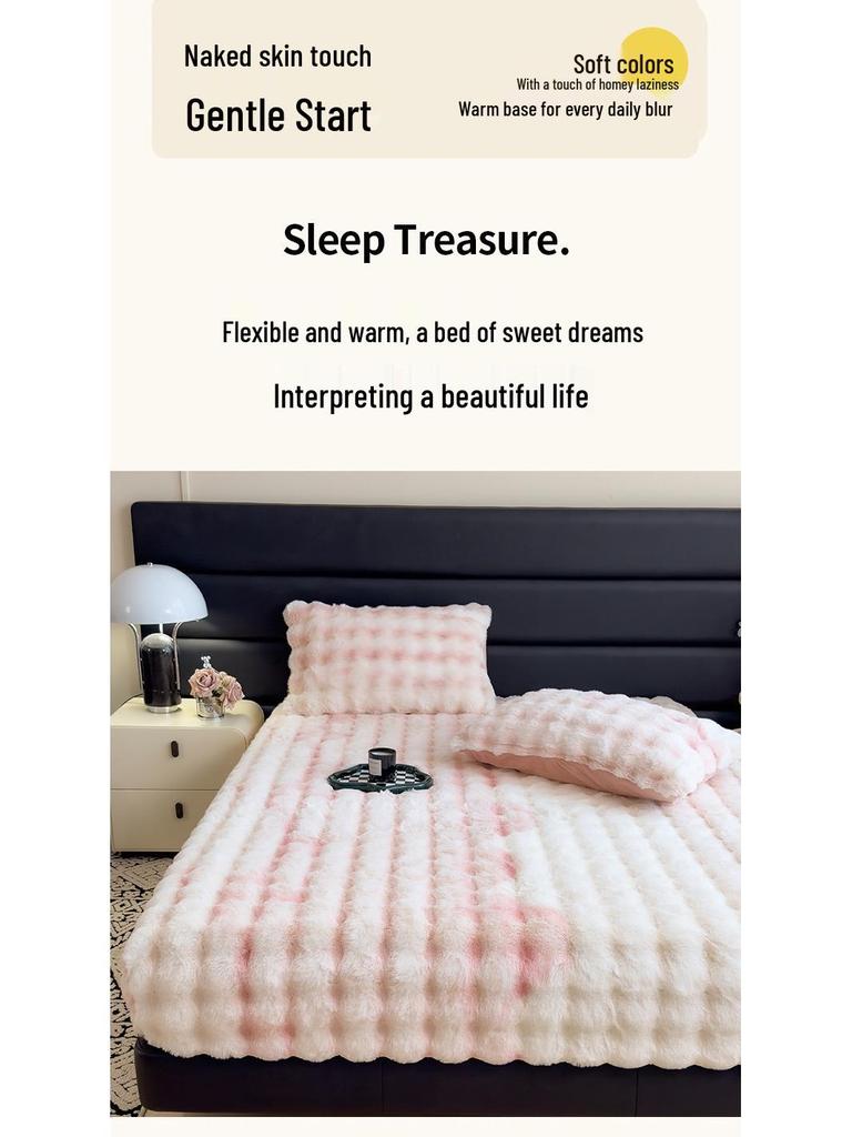 Plush Fleece-Lined Rabbit Fur Fitted Sheet Set - Double Bed, Winter Warmth, 3-Piece Mattress Protector