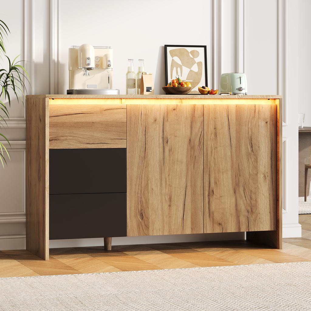 Sideboard, Kitchen Cabinet, Dresser with 3 Drawers and 2 Doors, Multicolor LED Lighting Effects, W:120 x H:76 x D:40 cm, Wood Color&Black