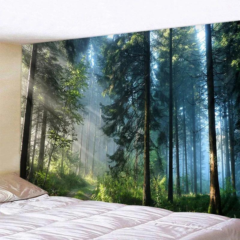 Misty Forest Tapestry Morning Sunbeams Through Tall Pine Trees Wall Hanging Background Cloth for Home 100X70CM