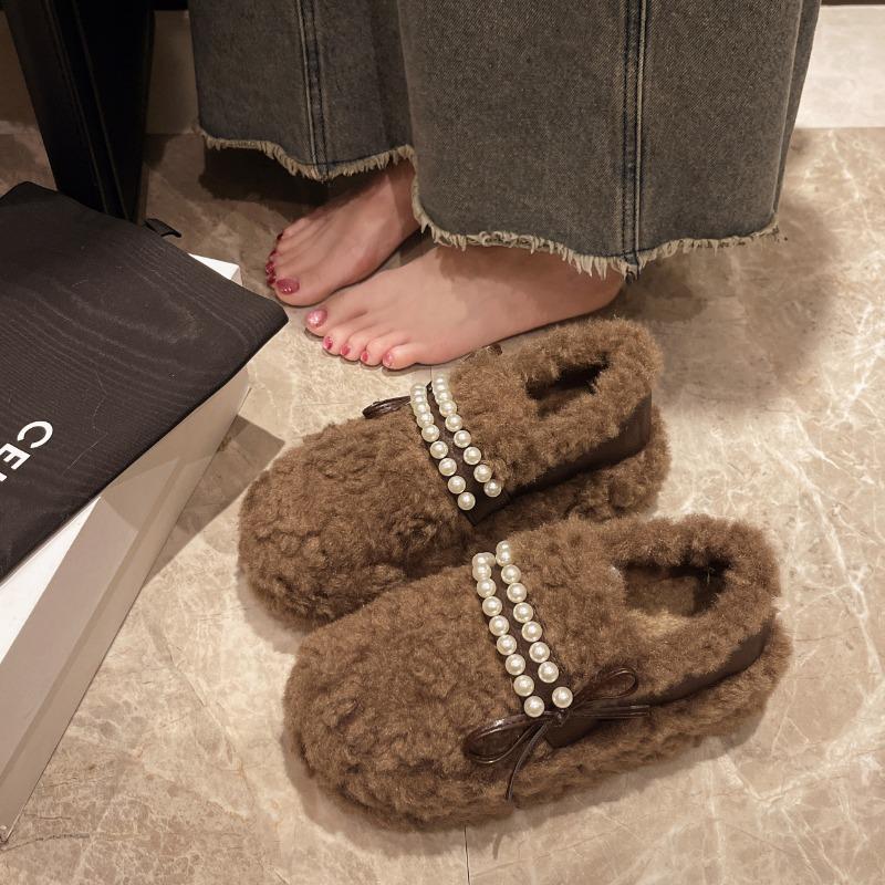 Women's Thick Soles Buy Shoes Winter New Round Head Beaded Butterfly Knot Anti-slip Wear-resistant Low-top Shoes