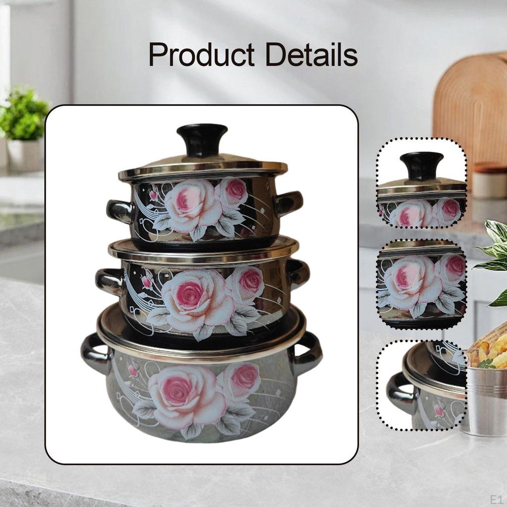 Set of 3 Enamel Stockpots with Lids and Handles for Cooking Soup At Home
