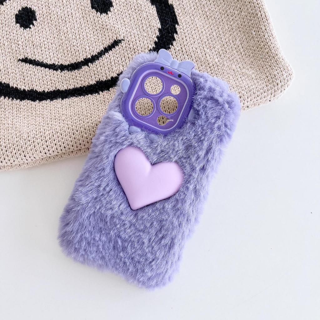 Color Block Plush Heart Phone Case for iPhone 13/14/15 Pro Max - Cute Autumn/Winter Design