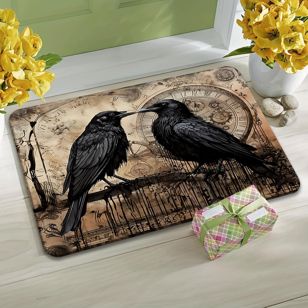 Gothic Black Ravens Steampunk Clock Non Slip Soft Area Rug Washable Indoor Floor Mat for Dark Academia Witchy Home Decor