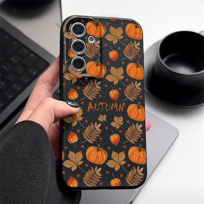 Custodia per Telefono con Stampa di Zucca Autunnale Per Samsung Galaxy S25 Edge S24 S25 FE S23 S22 Ultra A17 A56 A55 A54 A36 A15 A16 Copertura in Silicone con Texture in Pelle