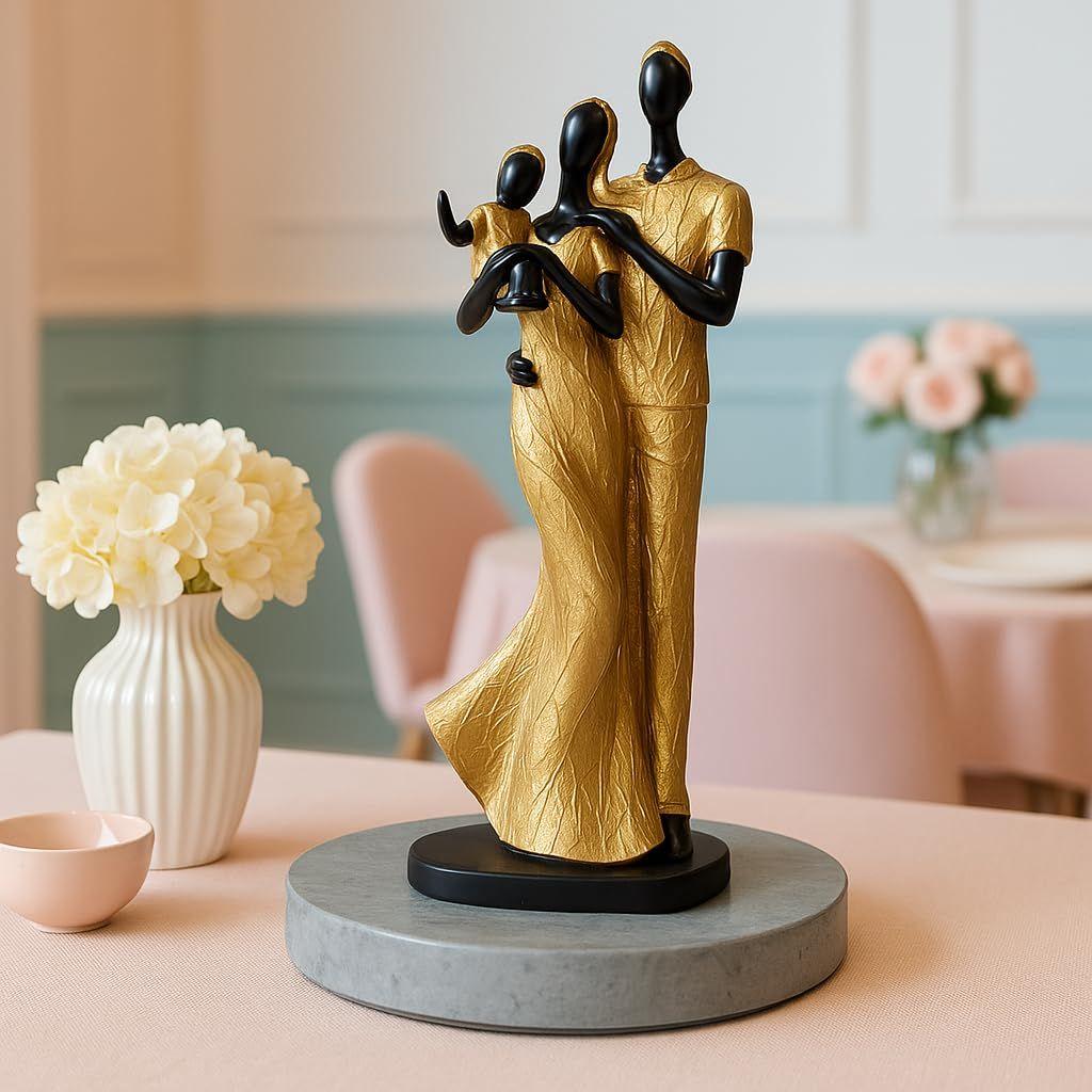 Stylish Golden Black Resin Couple Statue with Child for Home Decor (Pack of 1, Black & Golden)