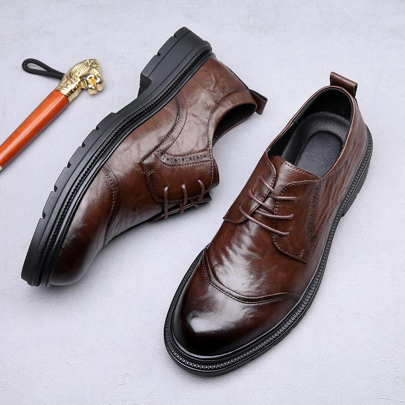 Men's Business Dress Leather Shoes British Round Head Derby Shoes Leather Casual Lace-up Men's Shoes Breathable Groom Wedding Shoes Men