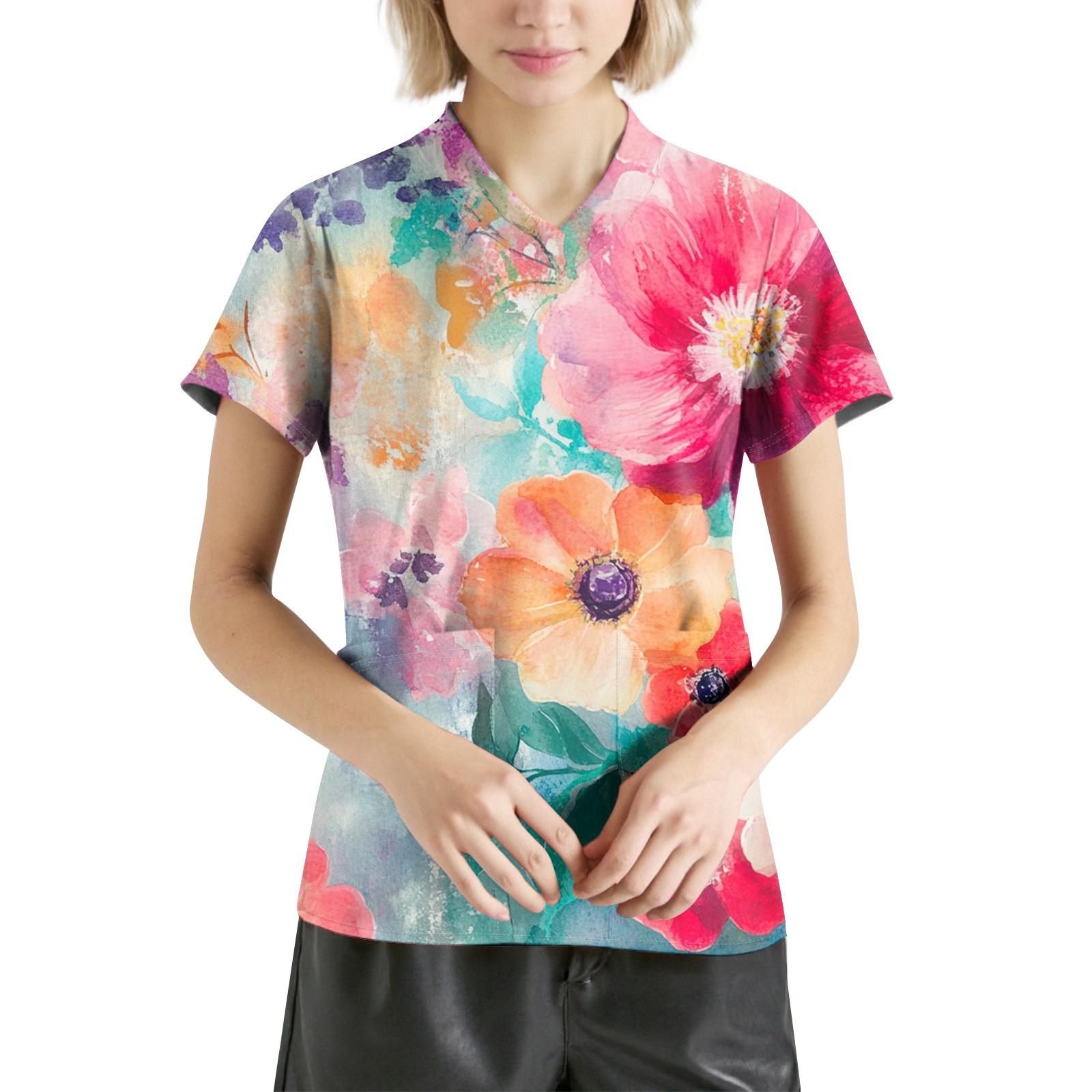 

Женская мода с v-образным вырезом, короткими рукавами и карманами, топы с принтом L