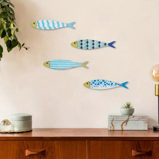 4 Pcs Wooden Fish Wall Decor Nautical Coastal Wall Art Blue Fish Wall Sculpture Lake House Hanging Decor for Bathroom Bedroom