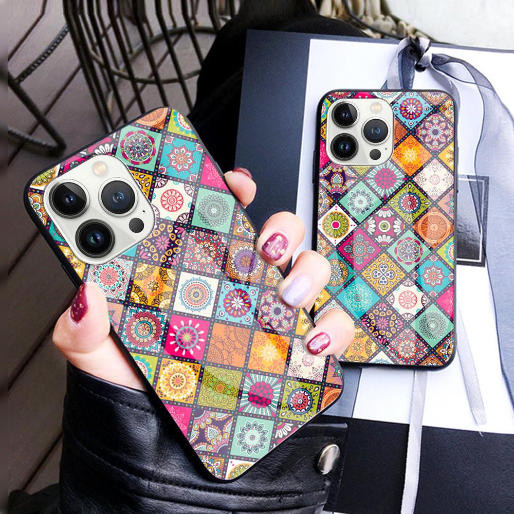 For iPhone 15 Pro Tempered Glass+PC+TPU Kickstand Case Flower Pattern Phone Cover with Lanyard