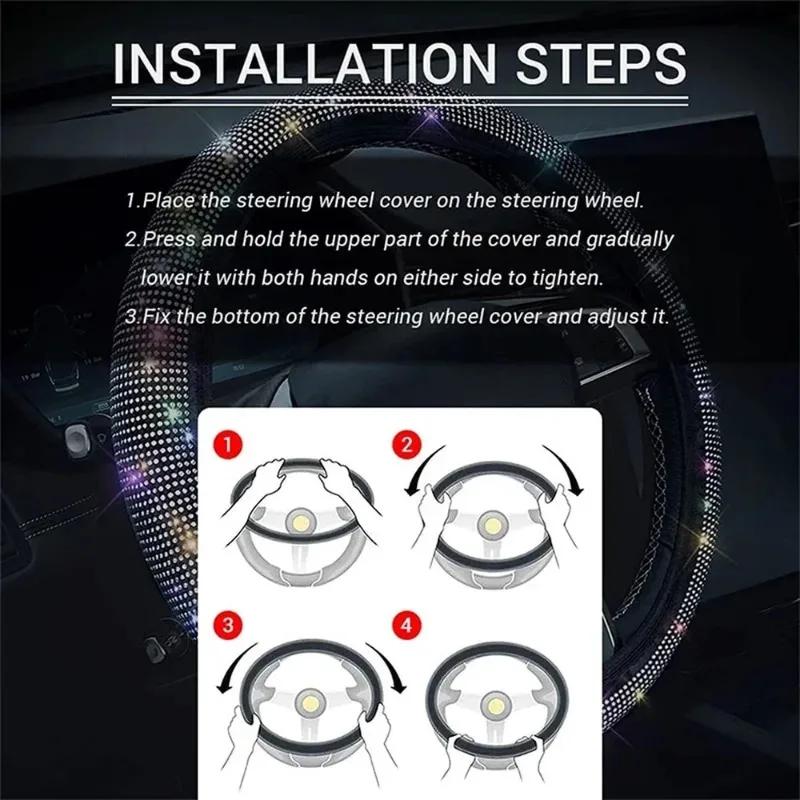 38cm Universal Car SUV Breathable Anti-Slip Bling Rhinestones Steering Wheel Cover for Women Girl with Crystal Diamond Sparkling