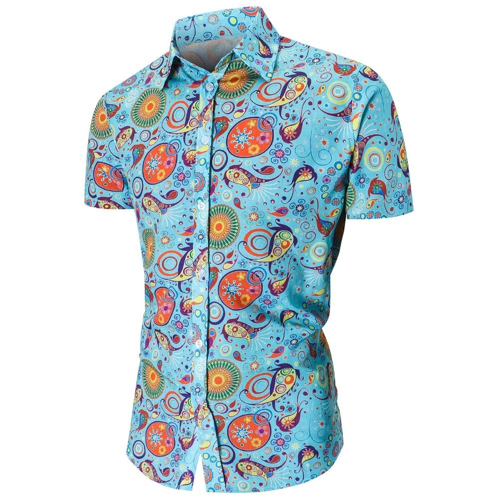 Spring New Mens 70s Disco Party Shirts Casual Paisley Button Down Shirt Vintage Floral Hawaiian Beach Short Sleeve Lapel Shirt