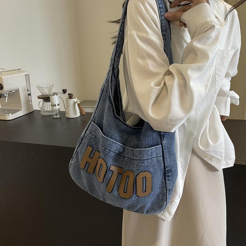 Student Shoulder Bag Letter Print Denim Bag Women's Large Capacity Commuter Tote Bag