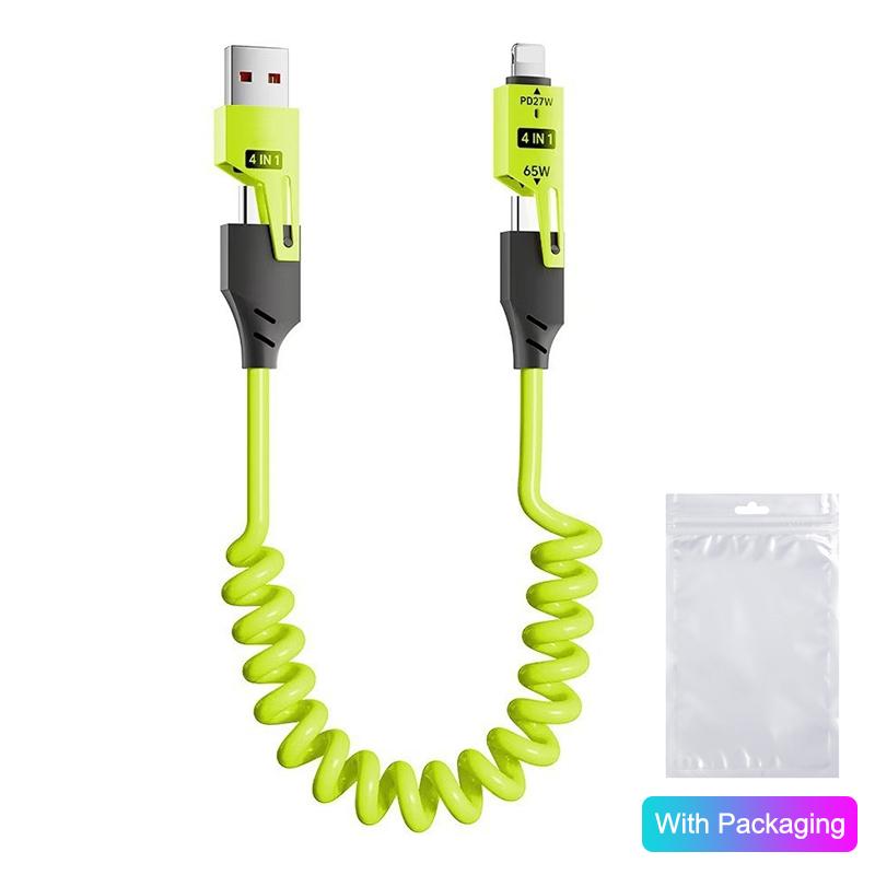 4 в 1 65 В Пружинный Короткий Кабель для Данных Многопортовый USB Type-C Быстрая Зарядка Кабель для Данных Для iPhone 17 16 Xiaomi Samsung PD 27 В Провод yellow