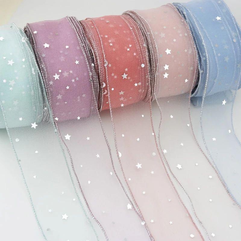 4.5mx5cm Silver Stars Silk Organza Ribbon Bow Material for Hair Print Flower Decoration Handmade DIY Lace Ribbons