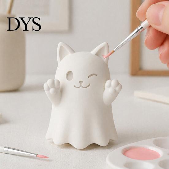 Collectible Art Figures 3D Printed Cute Ghost Cat Figurine, Wink Smile Surprise Spooky Halloween Decor, Desktop Micro Landscape Ornaments Blank White
