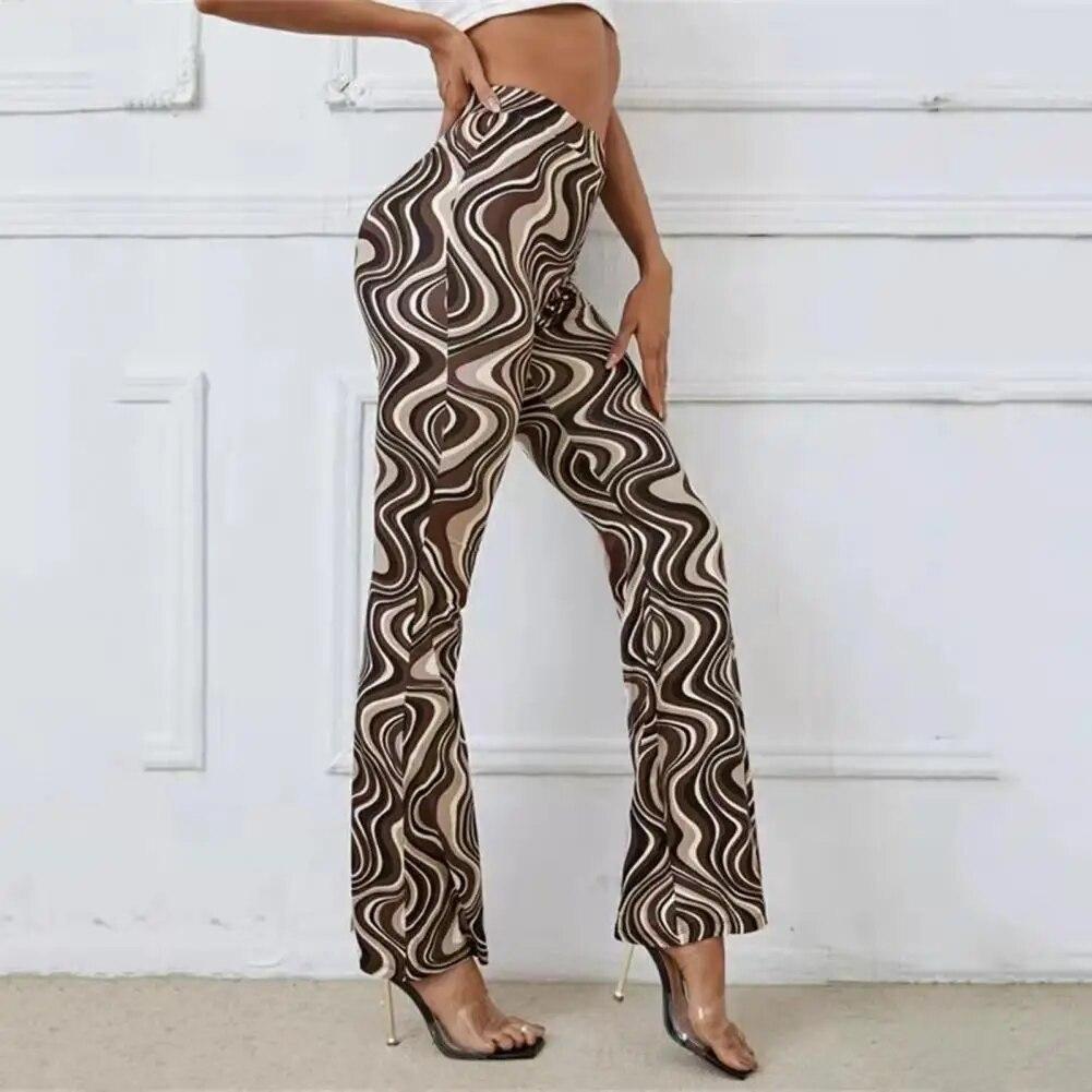Women Flared Trousers Contrast Color Water Wave Print High Waist Spring Yoga Pants Slim Fit Elastic Waist Bell-bottomed Pants