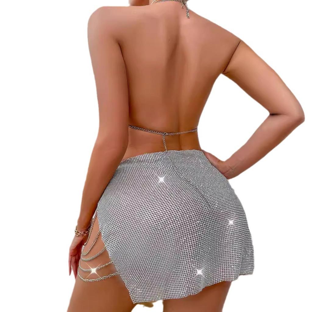 Fashion 2025 22 Summer New Sexy Backless Metal Nightclub Set