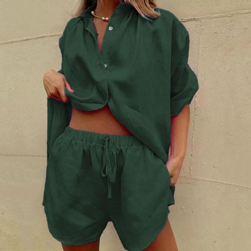 Summer Women's Solid Color Single-breasted Short-sleeved Shirt Two-piece Wide-leg Pants  Shorts