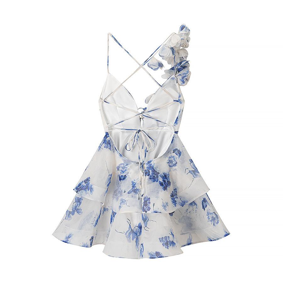 Women's Clothing Wholesale European and American Style Fashion Design Flower V-neck Sexy Backless Waist Thin Suspender Dress