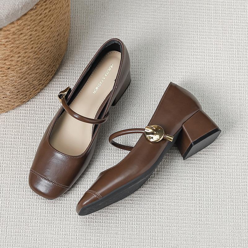 

Туфли-лодочки женские на толстом каблуке, туфли Мэри Джейн, туфли на плоской подошве с пряжкой, женские новые с квадратным носком W221-8 39 коричневый