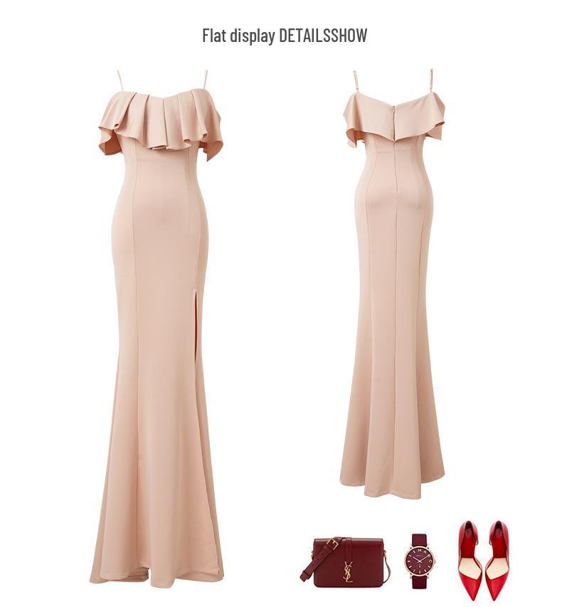 Elegantes schulterfreies Rüschenärmelkleid mit Spaghettiträgern und hohem Schlitz