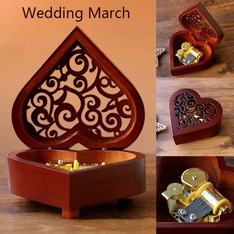 Urocza prostokątna rzeźbiona drewniana pozytywka nakręcana z melodyjnymi melodiami