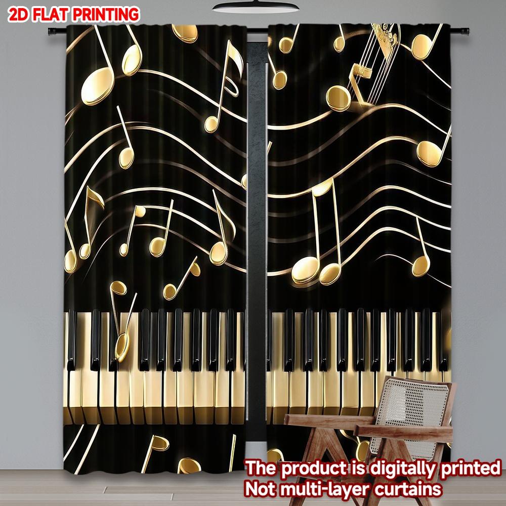 2D flat printing 2pcs Curtain Golden Musical Harmony Digital Printed Polyester Drapes Seasonal Party & Holiday Decor for Holiday