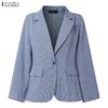 ZANZEA Women Casual Turn Down Collar Long Sleeve Plaid Print Thin Cardigan Blazer