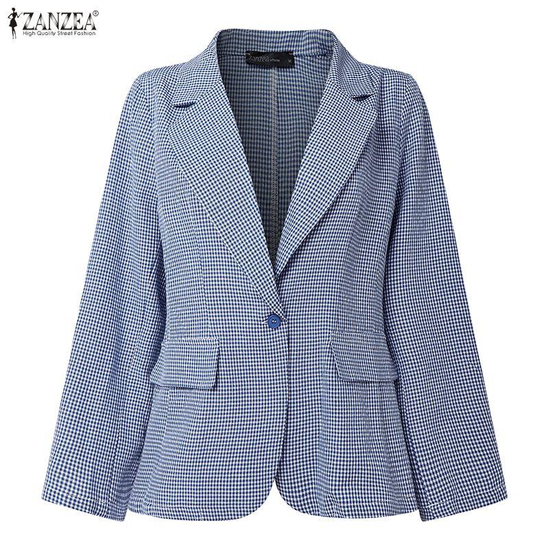 ZANZEA Women Casual Turn Down Collar Long Sleeve Plaid Print Thin Cardigan Blazer