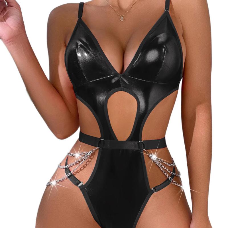 Supply New Sexy Hollow Metal Chain Patent Leather One-piece Sex Underwear Set