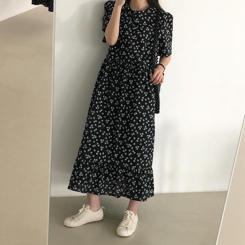 Summer lazy retro black round neck short-sleeve floral dress loose and slimming ruffled long skirt for women