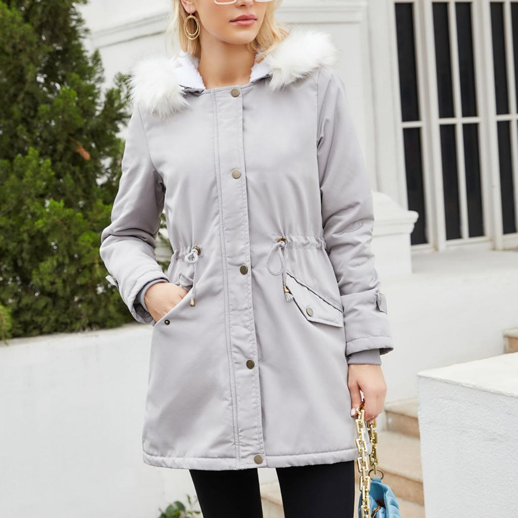 Women's Fashion Solid Colour Autumn And Winter Detachable Hair Collar Long Sleeve Hooded Cotton Fleece Jacket