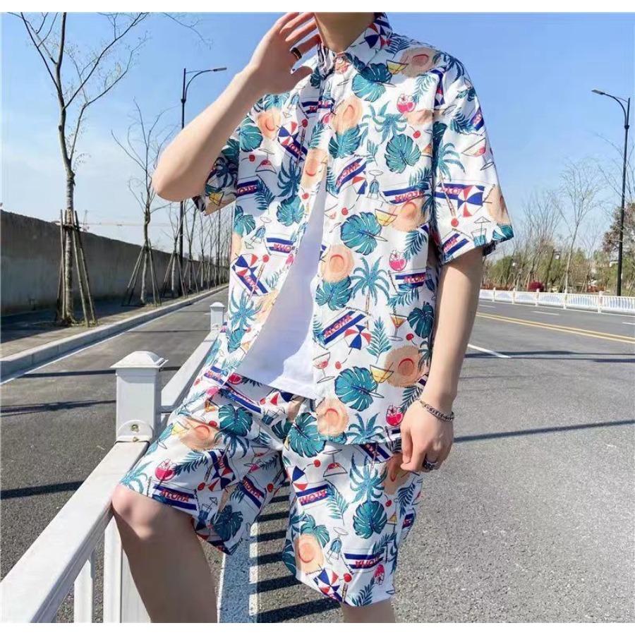 Summer Hawaiian Shirt Suit Loose Square Collar Short Sleeve Pocket Floral Shirts Shorts 2 Piece Set Vintage Hawaiian Beach Suits