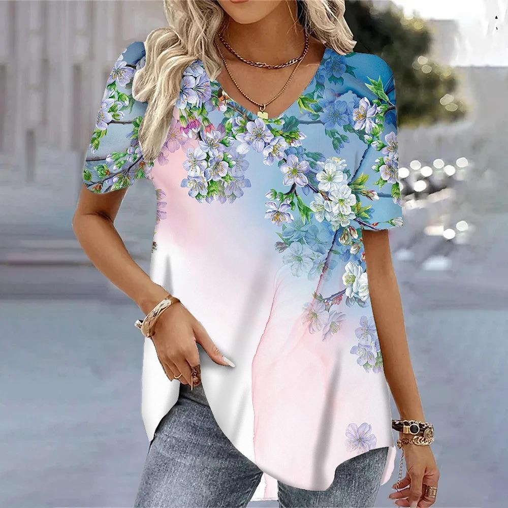 3D Butterfly Printed Short Sleeve T-shirt Korean Style Women's Clothes 2025V-neck Short Sleeves Tees Shirt Loose Casual Blouses