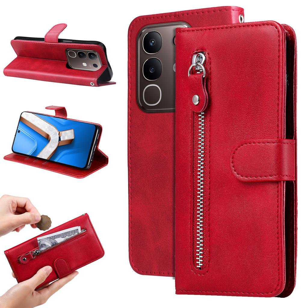 For vivo Y29 4G PU Leather Cases with Zipper Pocket Wallet Phone Cover Stand