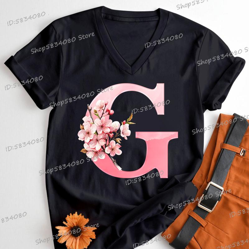 Pink Sakura Alphabet Shirts Gift for Women Letter S Floral Monogram Cartoon Tshirt Cherry Blossom Letters A B C D Casual Tops