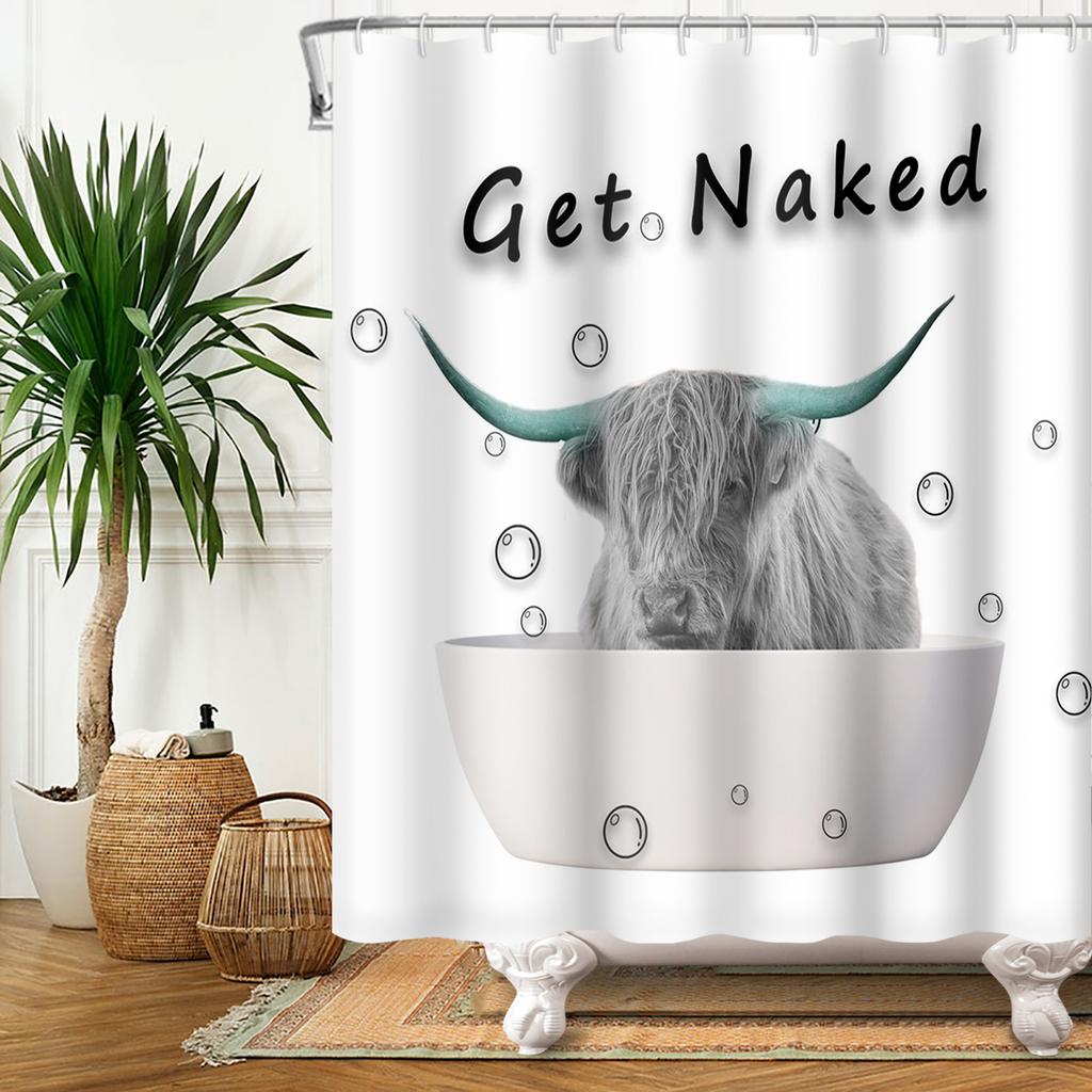 Farmhouse Highland Cow Shower Curtain With Hooks Funny Bull Cattle Bull Floral Decor Country Style Bothroom Curtain