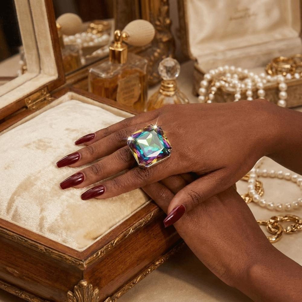 Adjustable Size Rhinestone Ring Exaggerated Statement Ring Oversized Square Sugar Ring For Women