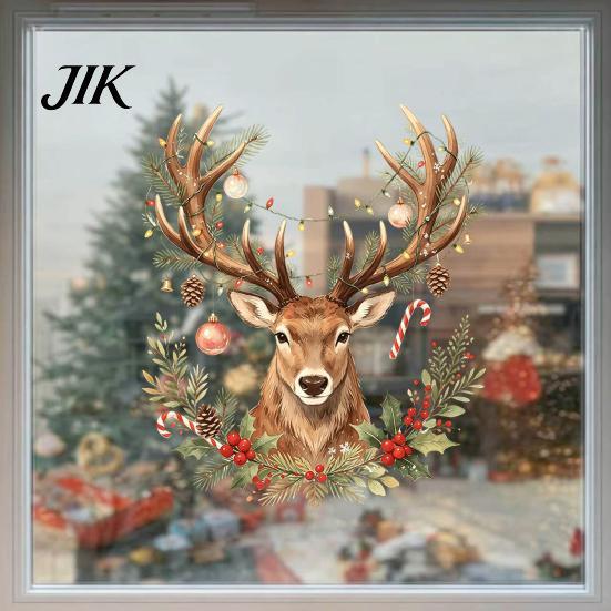 Glass Decoration Sticker Christmas Watercolor Reindeer Window Cling, Removable Reusable Elk Head Static Decorative Decals Decal, Animal for