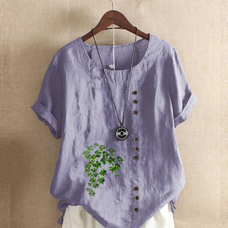 Women's Fashion Round Neck Short Sleeve T-shirt Casual Cotton Linen Graphic Shirt Leisure Loose Green Plants Prined Summer Blouse Tops