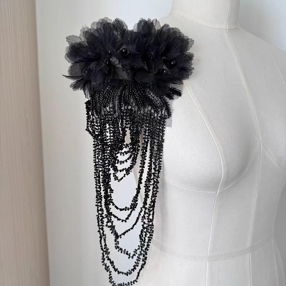 

1Pc Hand-sewn Beads Flowers Tassel Shoulders Decoration Wedding Dress Clothes DIY Patch Accessories чёрный