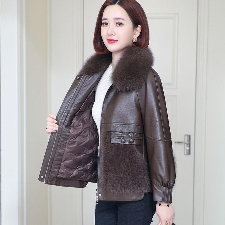 Autumn Winter Women's Faux Fur Coats Stitched Artificial Fox Fur Collar Fur Coat Short Slim Down Leather Jacket